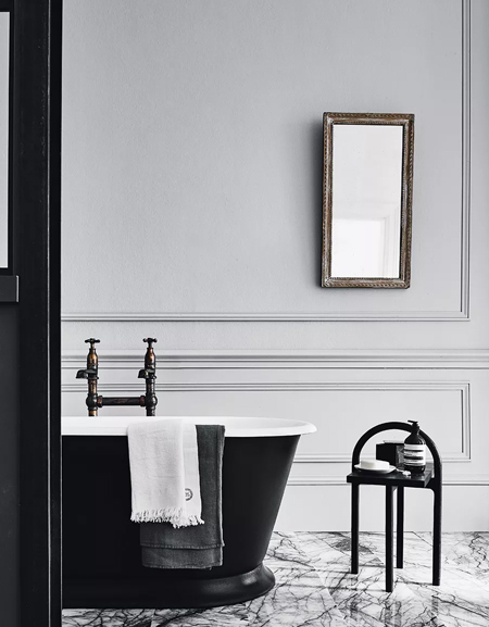 white bathroom with black fittings