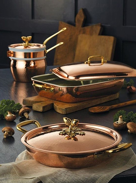copper serving dishes and tableware