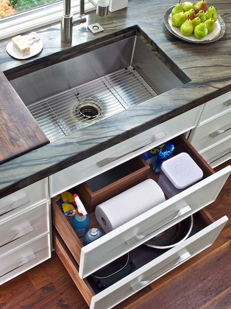 add storage drawers under sink