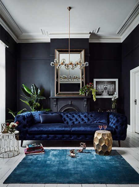living room with dark walls