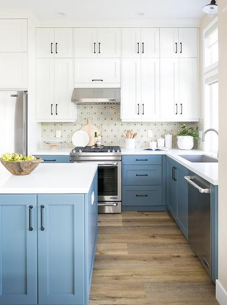 blue and white kitchen cabinets and cupboards