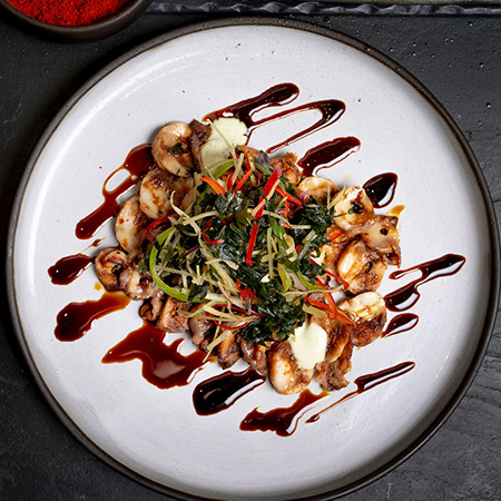 Indian, Korean, Thai, Japanese and Chinese flavours that are grilled on open-flame charcoal grills and in traditional Indian clay tandoori ovens