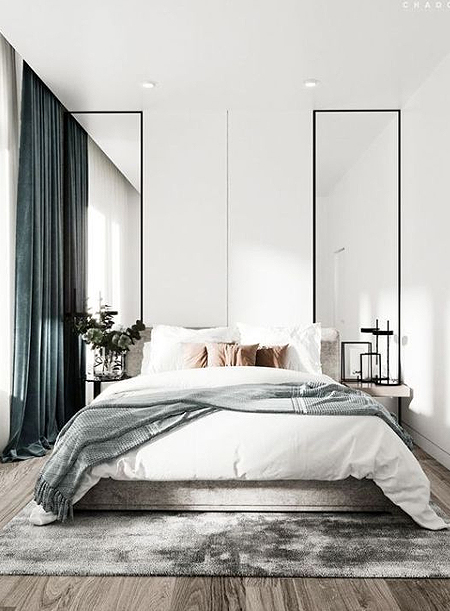 mirrors on both sides of bed headboard