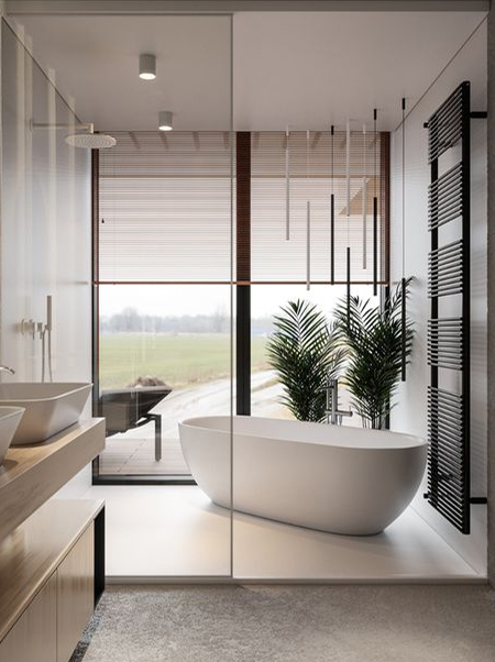 bathroom with shower and bath