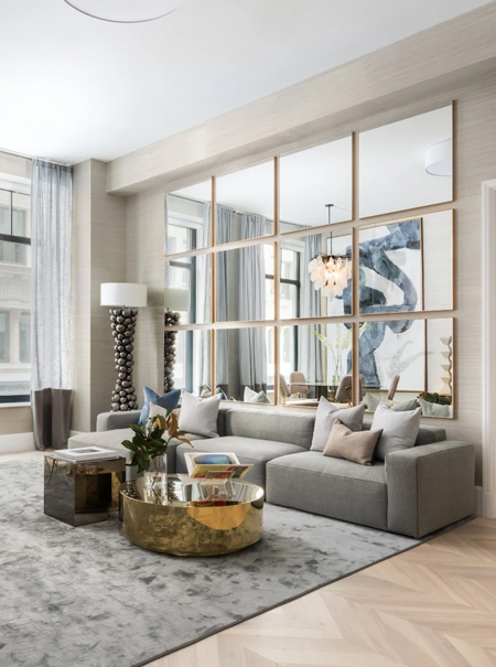 wall of mirrors to enlarge living room