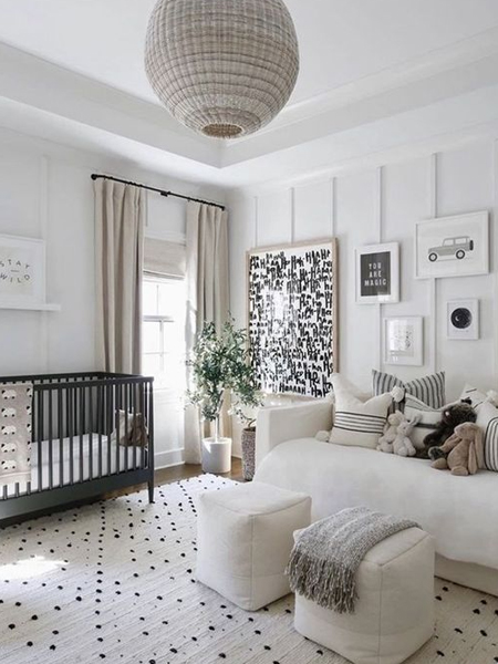 neutral nursery with black accent colours