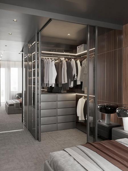his and hers closets with glass sliding doors