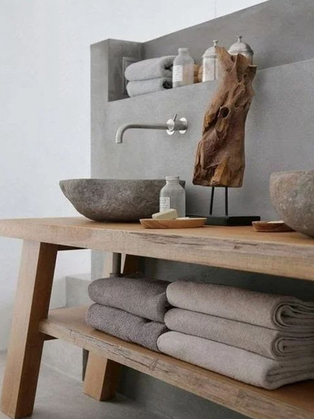 warm up a concrete bathroom with wood