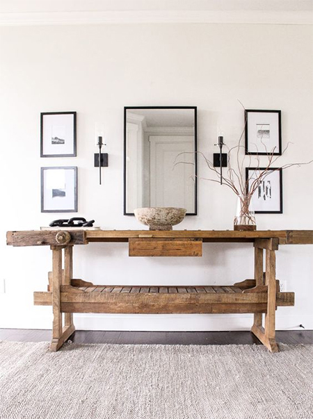 reclaimed wood console table in entrance hall
