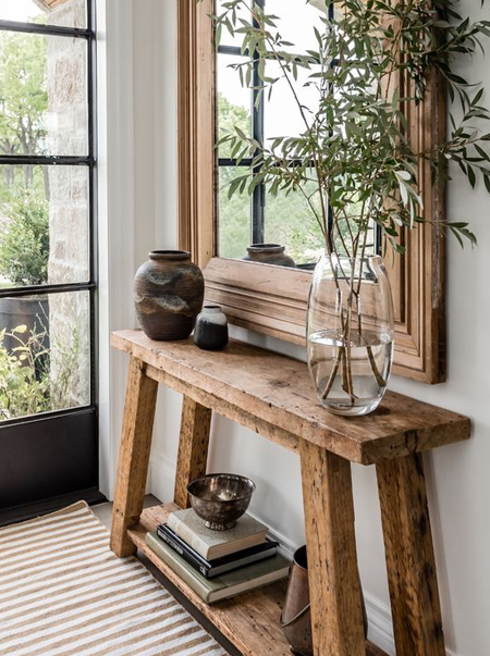 reclaimed wood console table in entrance hall