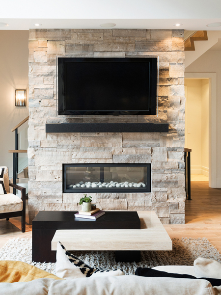 Clad tv feature wall with rock or faux brick